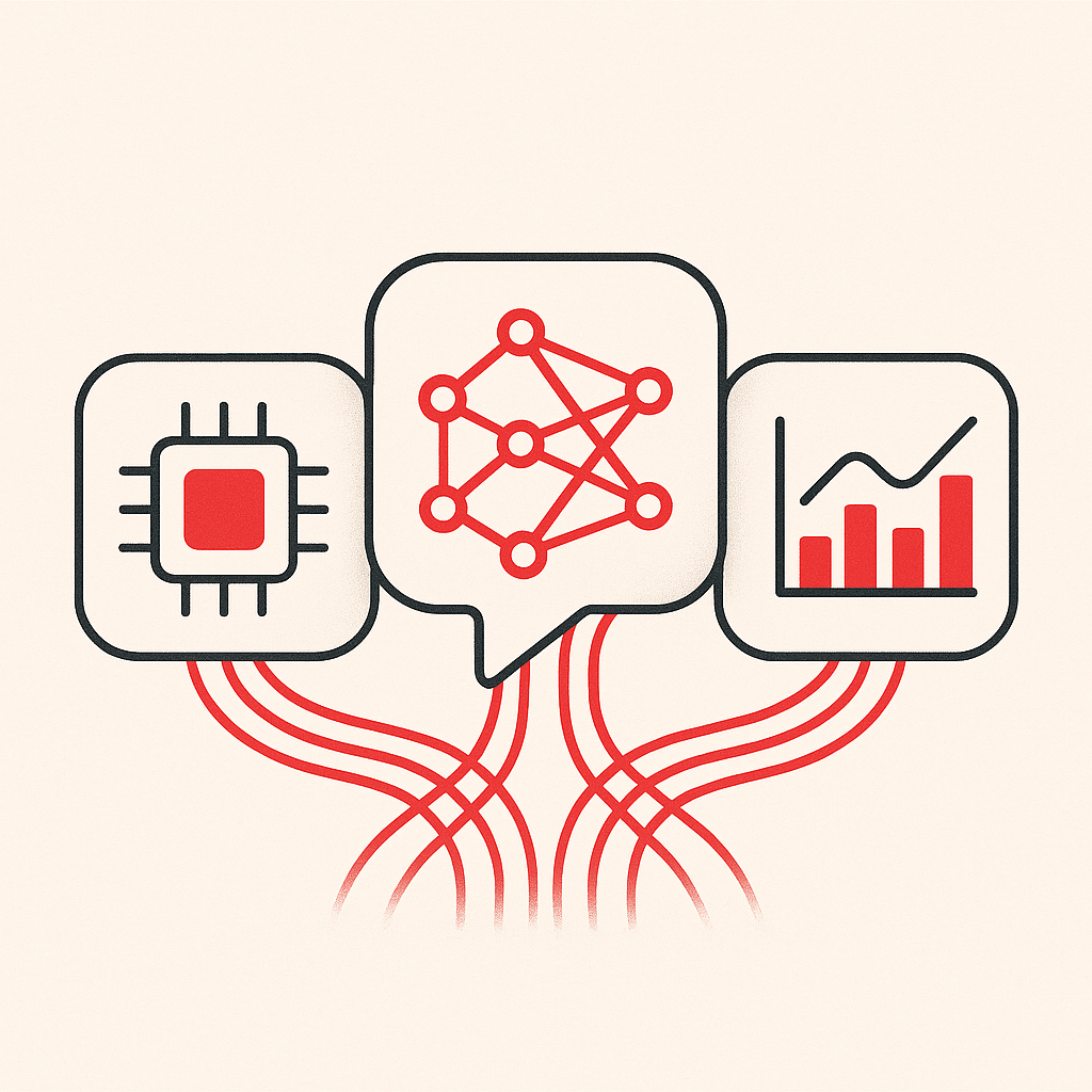 An abstract yet clean visualization of three interlocking systems representing machine learning, language processing, an