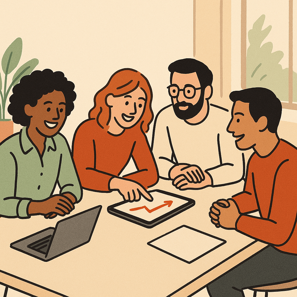 A diverse small team gathered around a bright open-plan workspace table, one person pointing at a tablet showing a clear