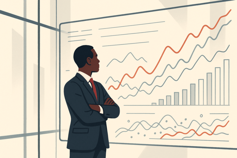 A wide hero shot of a focused business leader standing before a large translucent data dashboard in a modern glass offic