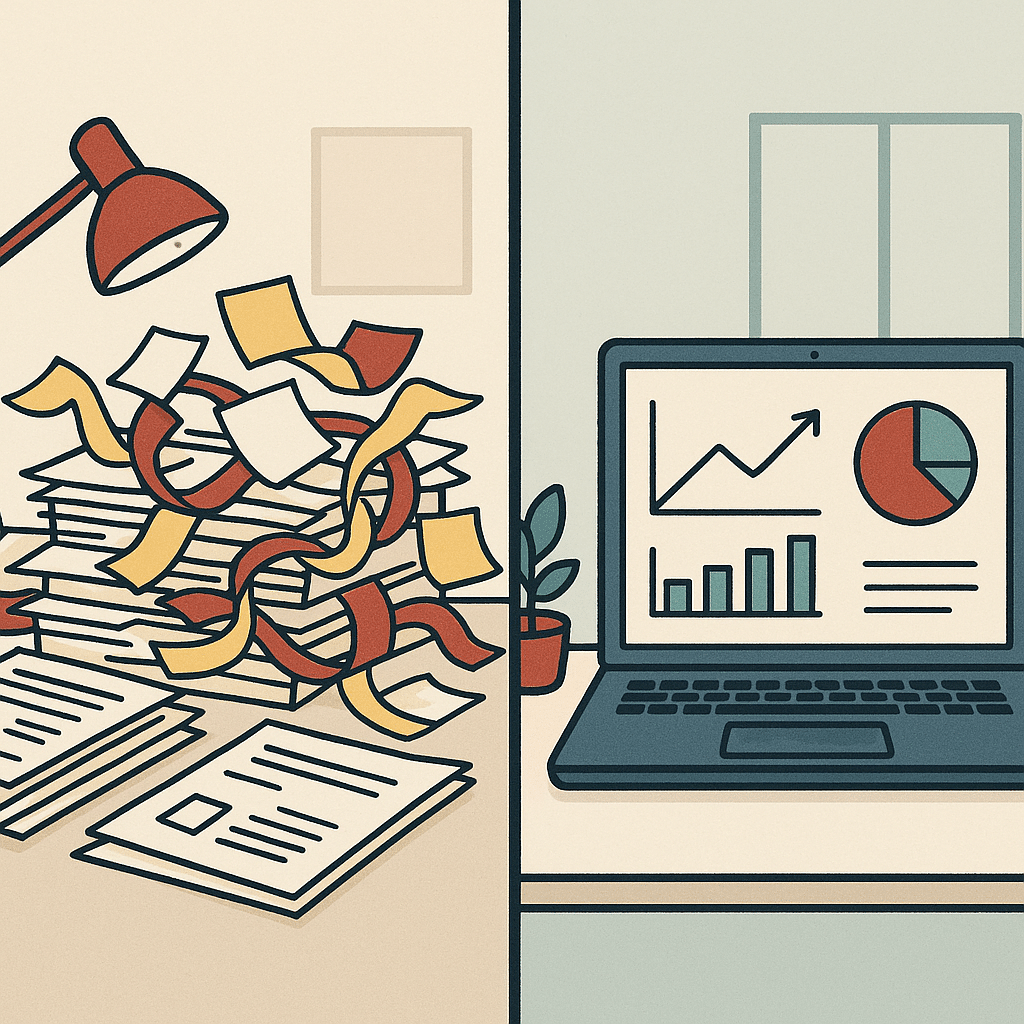 A split-scene image contrasting a cluttered desk of paper reports and tangled sticky notes on the left with a clean, org