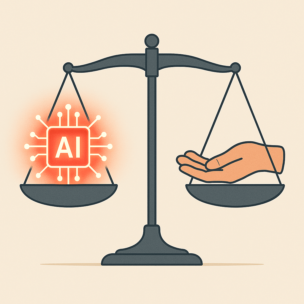 A conceptual image of a balance scale where one side holds glowing AI circuitry and the other holds a human hand, set ag