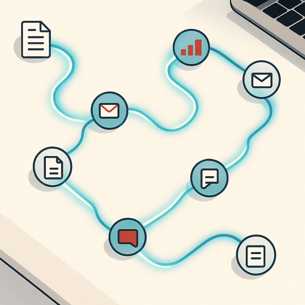 An overhead view of interconnected workflow nodes flowing smoothly across a clean desk surface, with small icons for doc