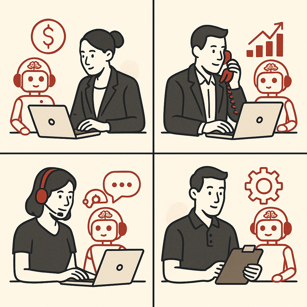 A clean split-panel illustration showing four business departments (finance, sales, support, operations) each with a sim