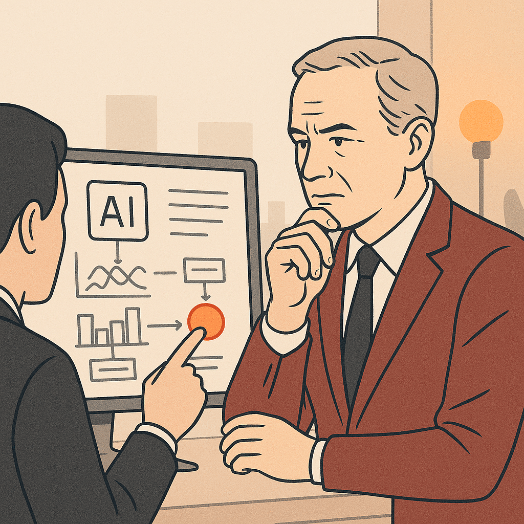 A thoughtful business leader reviewing an AI system dashboard on a monitor while a colleague points to a highlighted dec