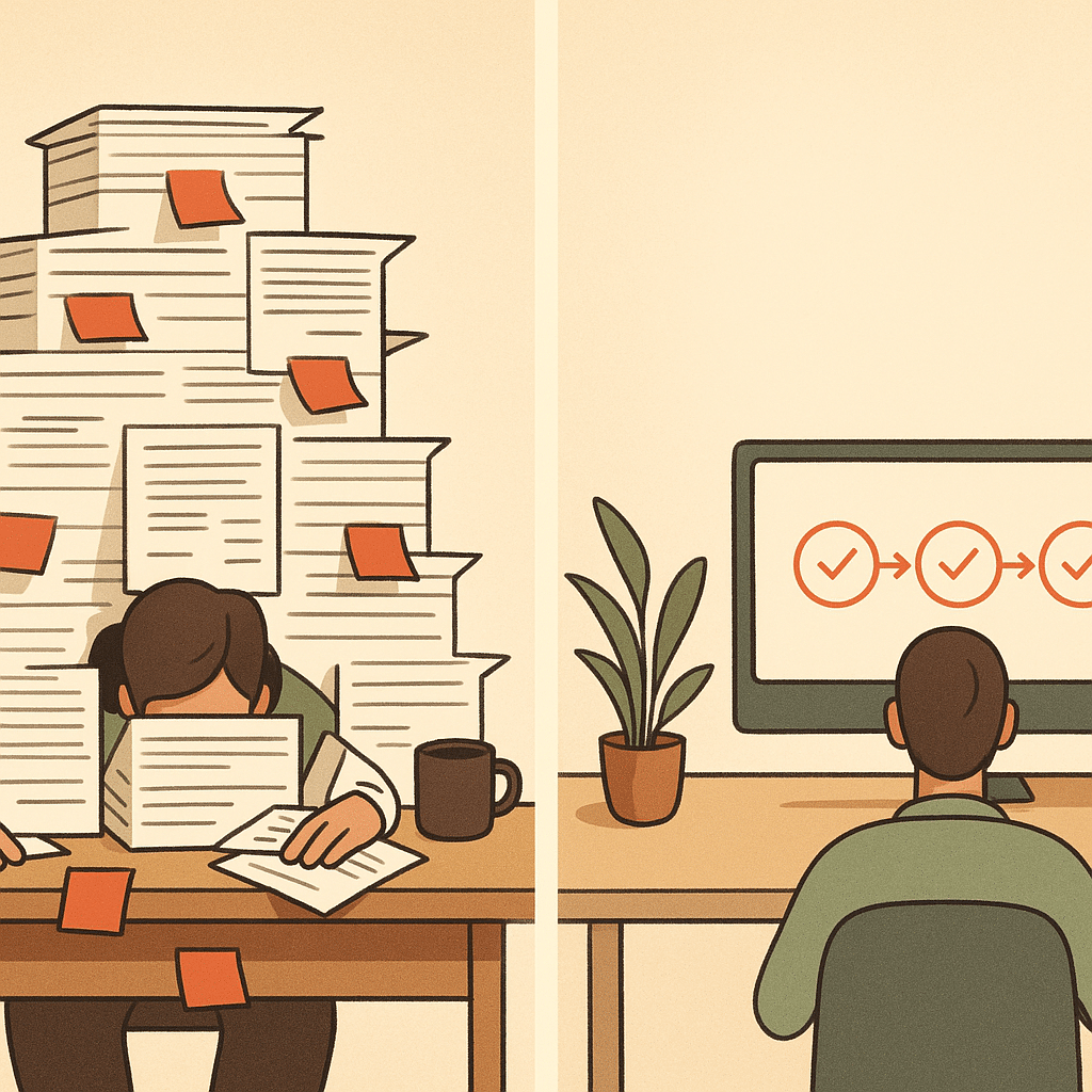A before-and-after visual of a desk: on the left a person buried in stacks of forms and sticky notes, on the right the s