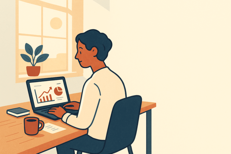 A small business owner at a tidy wooden desk in a bright modern office, reviewing a simple dashboard on a laptop while a