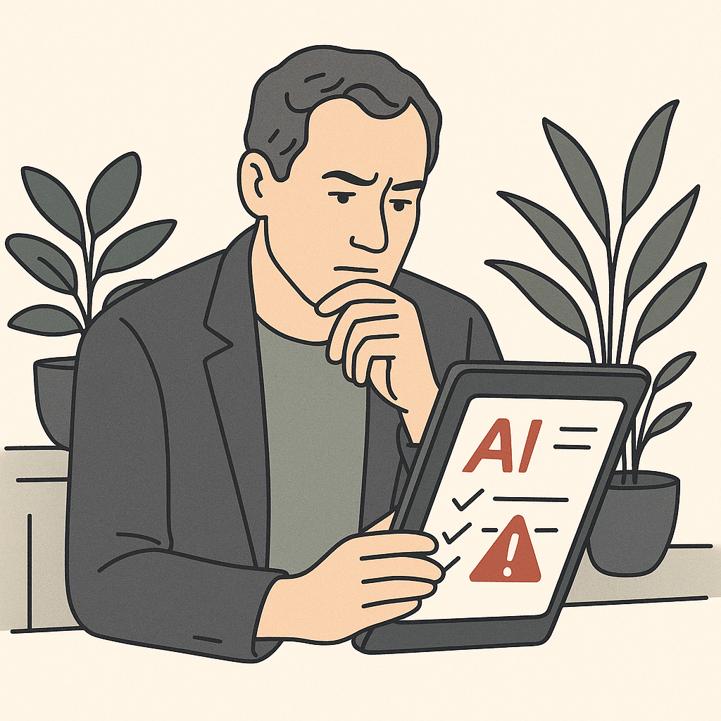 A business owner carefully reviewing an AI-generated document on a tablet, with a subtle checklist and a warning-style h