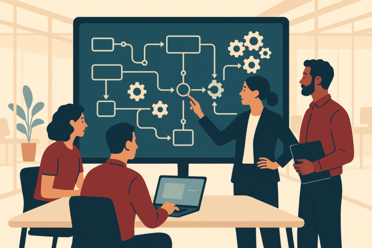 A wide hero shot of a modern operations team working around a large interactive screen showing connected data flows and