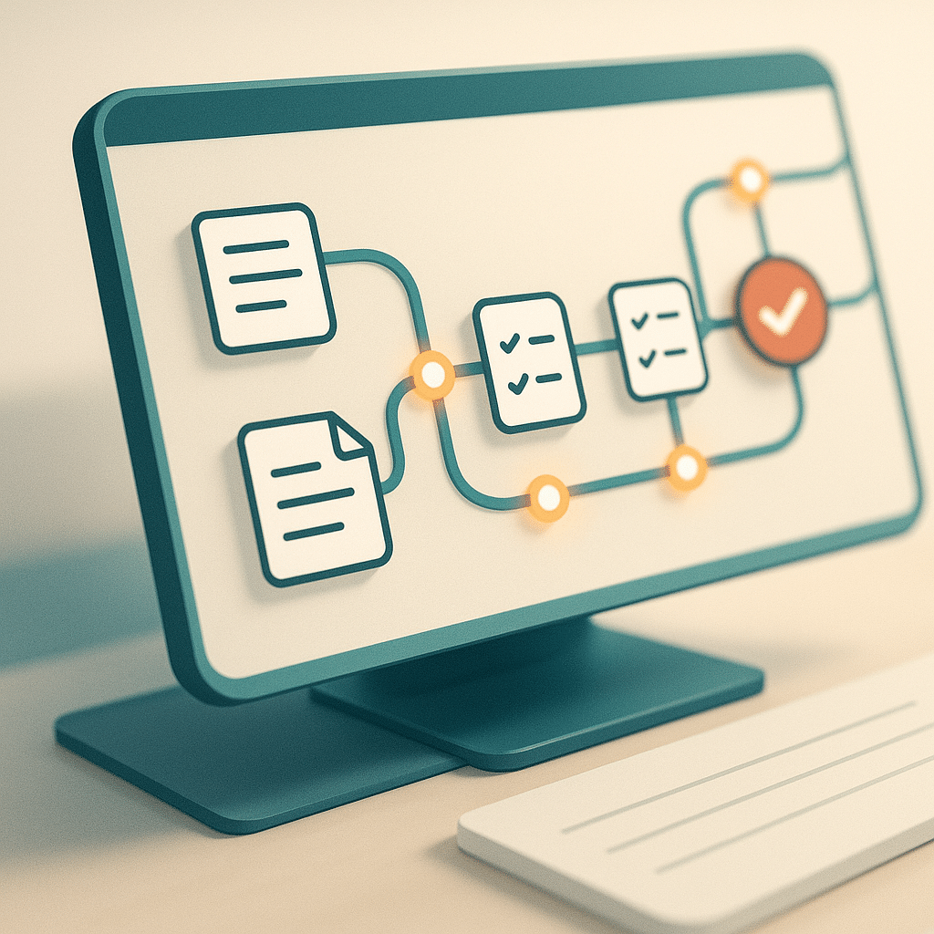 A close-up illustration of a digital workflow pipeline where documents and tasks flow smoothly through automated checkpo