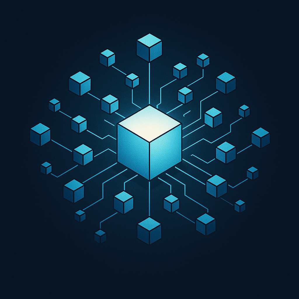 A modular system of interconnected glowing blocks expanding outward like a growing structure, symbolizing scalable softw