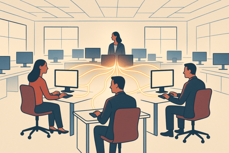 A wide cinematic shot of a modern operations office where glowing data streams connect several previously separate compu