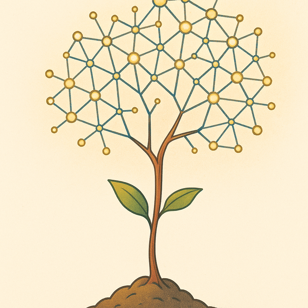 A visual of a small sturdy plant growing into a large branching tree made of interconnected glowing network nodes, repre