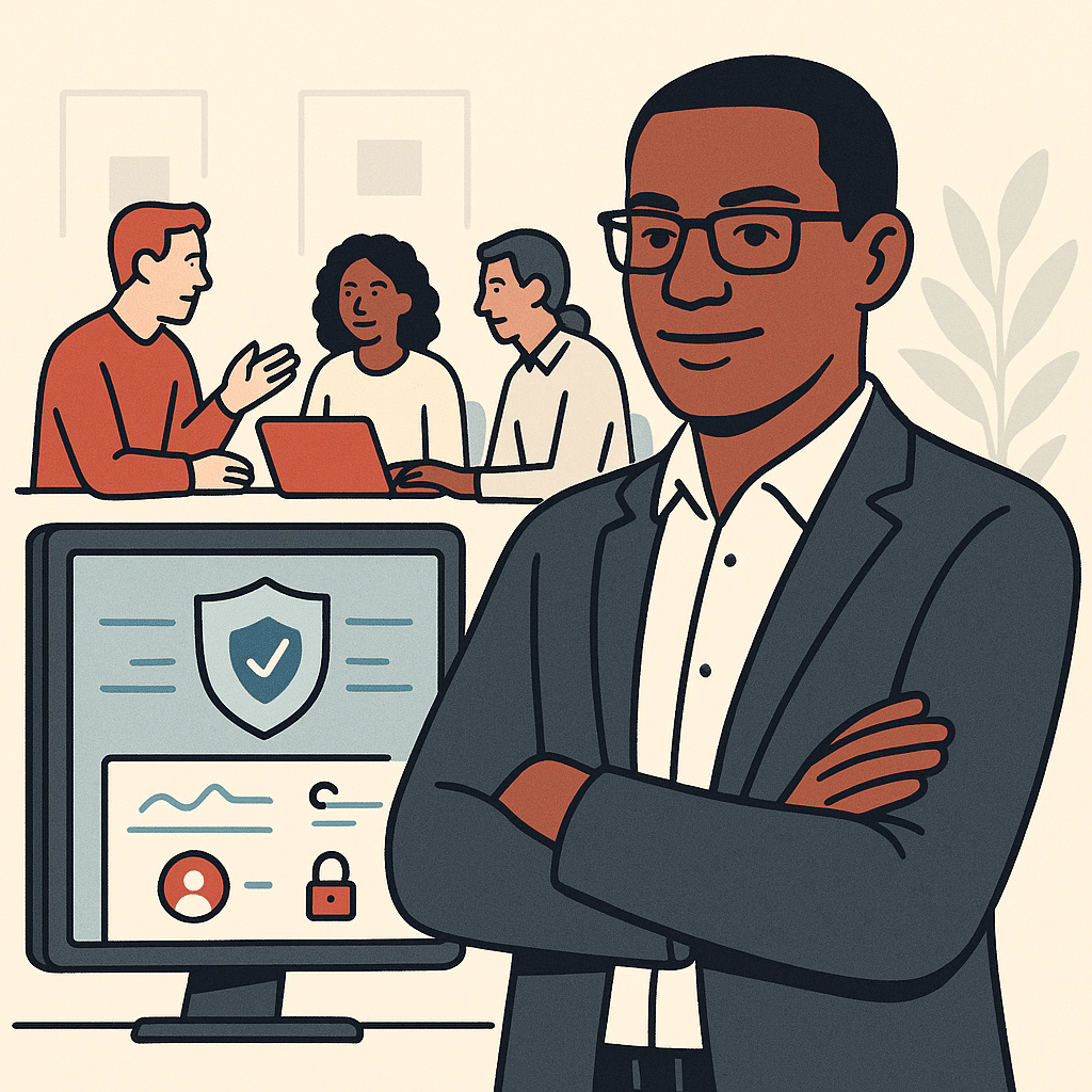A confident IT professional reviewing a secure dashboard with a subtle shield icon and access-control indicators, while 