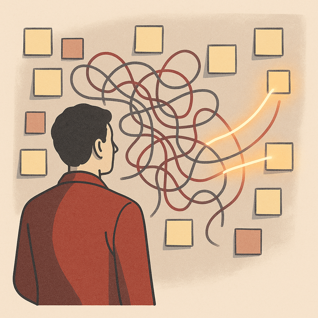 An operations manager standing before a wall of sticky notes and tangled connecting strings representing bottlenecks, wi