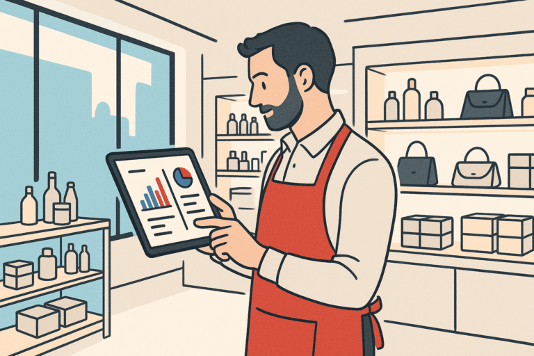 A wide hero shot of a modern retail store interior where a store owner reviews a tablet dashboard showing inventory and