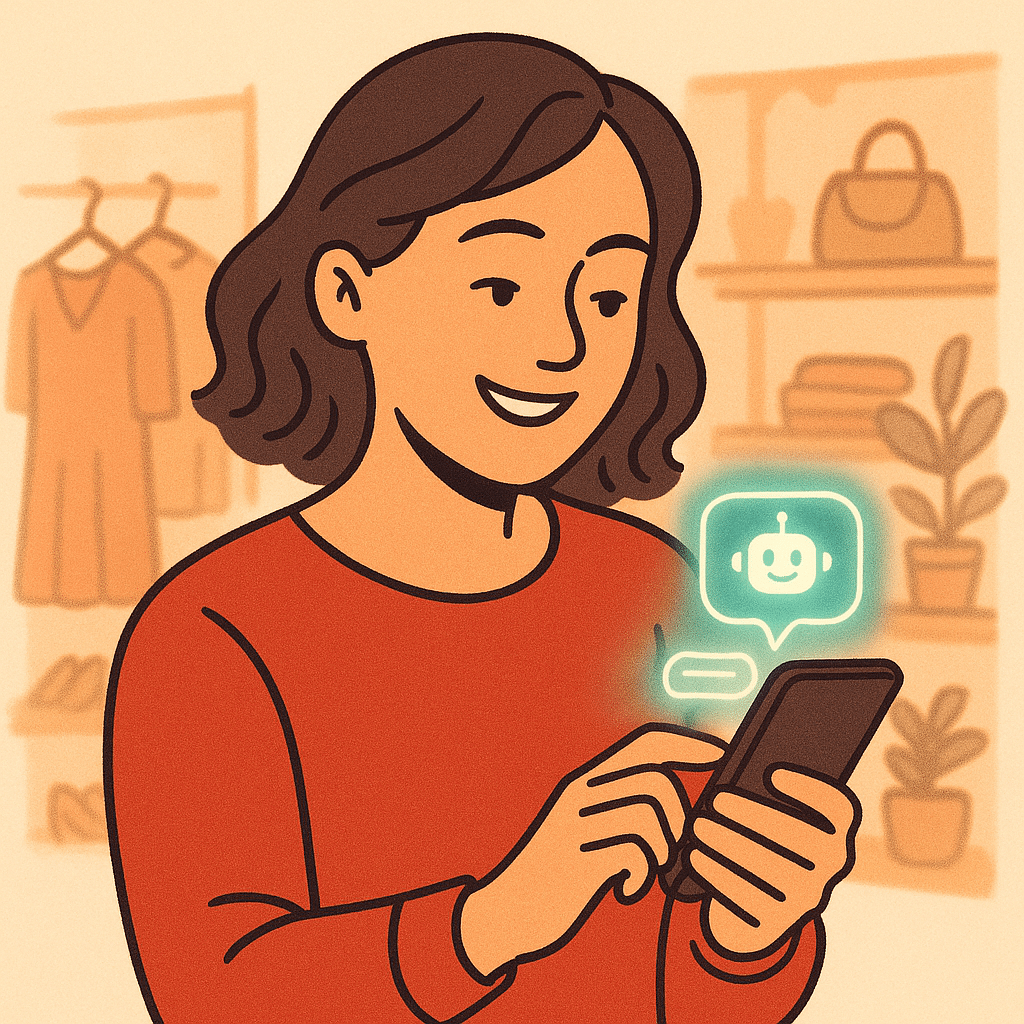 A friendly retail customer smiling while chatting with an AI shopping assistant on a smartphone, with a subtle chat inte