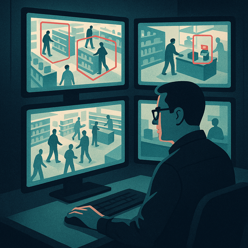 A retail security operations view showing a store manager monitoring multiple screens with subtle data overlays highligh