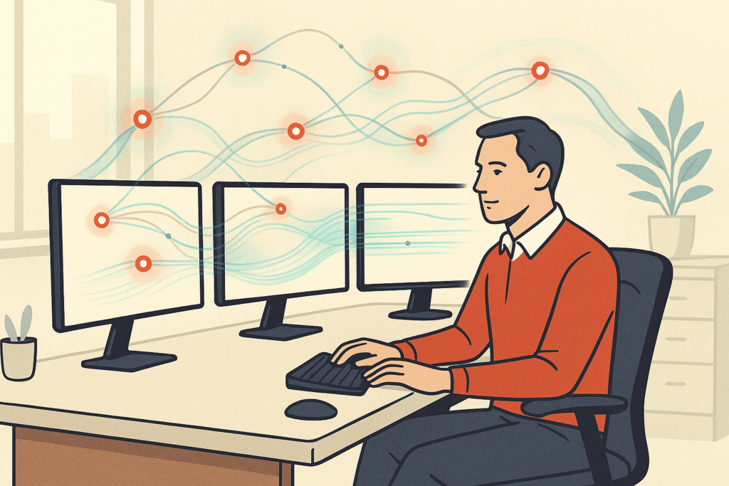 A wide hero shot of a modern operations workspace where glowing connected nodes and data streams flow smoothly between d
