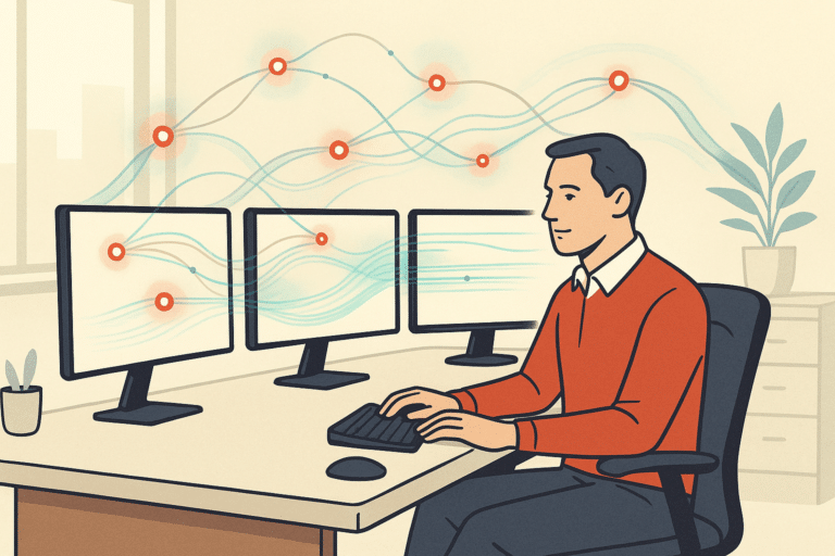 A wide hero shot of a modern operations workspace where glowing connected nodes and data streams flow smoothly between d