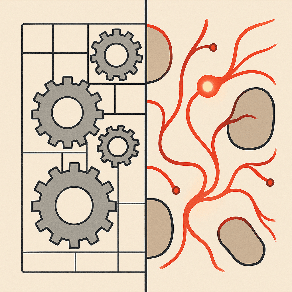 A split-screen conceptual image contrasting two systems: on the left, rigid mechanical gears in cold gray tones locked i