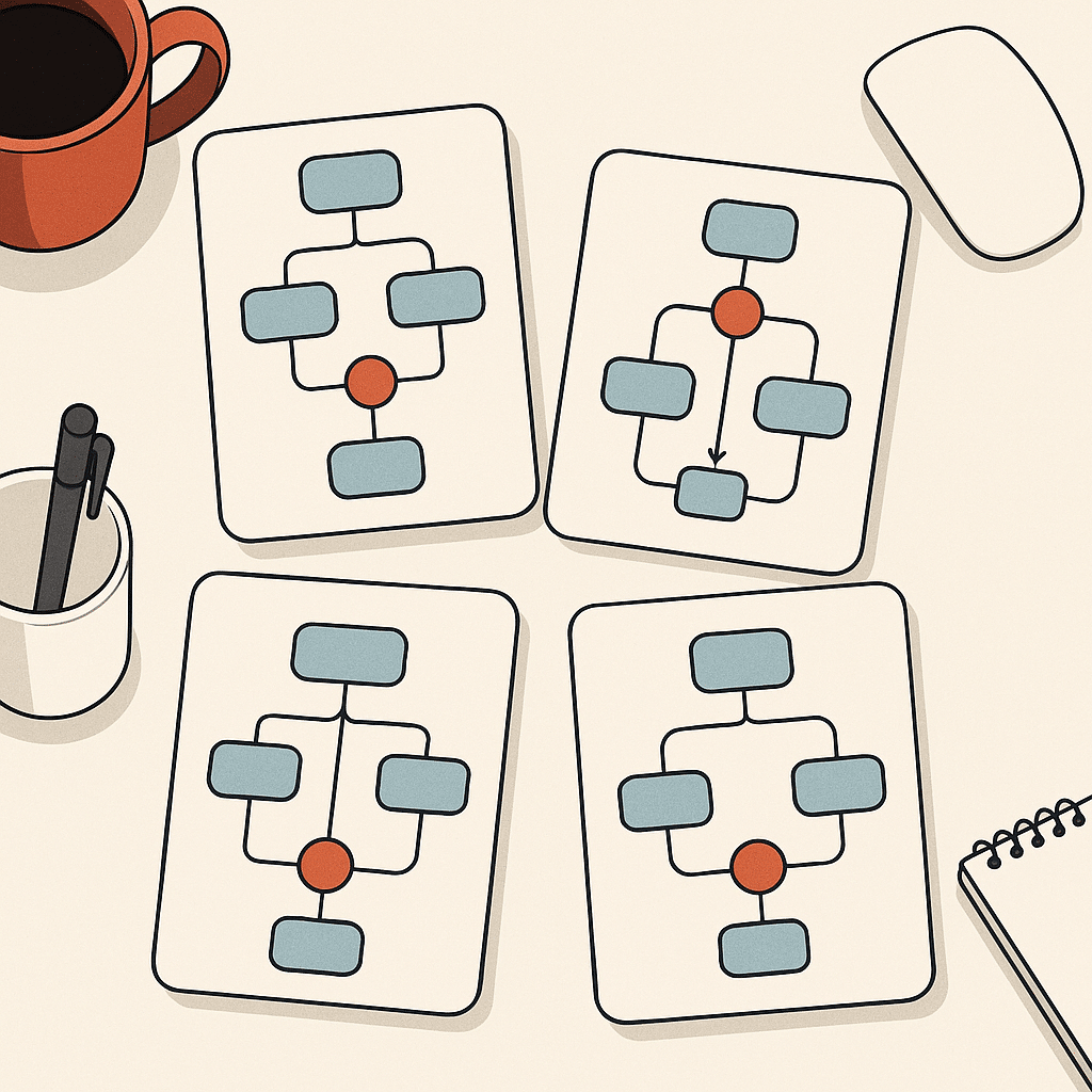 An overhead flat-lay of several stylized software dashboard cards floating above a clean desk, each showing different wo