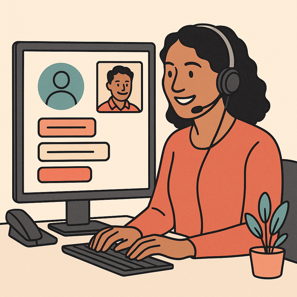 A friendly customer support specialist at a clean desk viewing a screen showing a personalized customer profile with sof