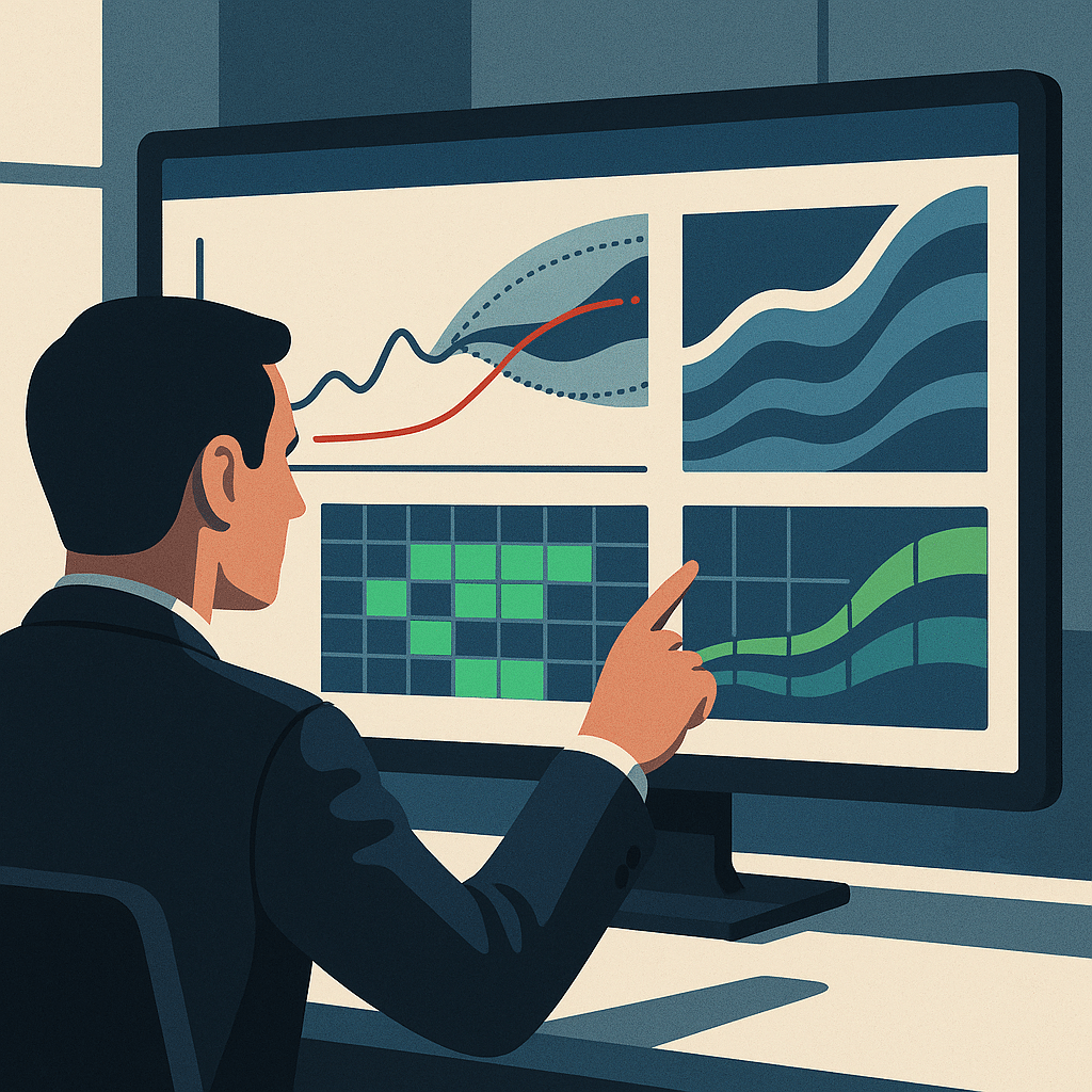 A sleek analytics dashboard displayed on a large monitor showing upward forecast curves, demand heatmaps, and confidence