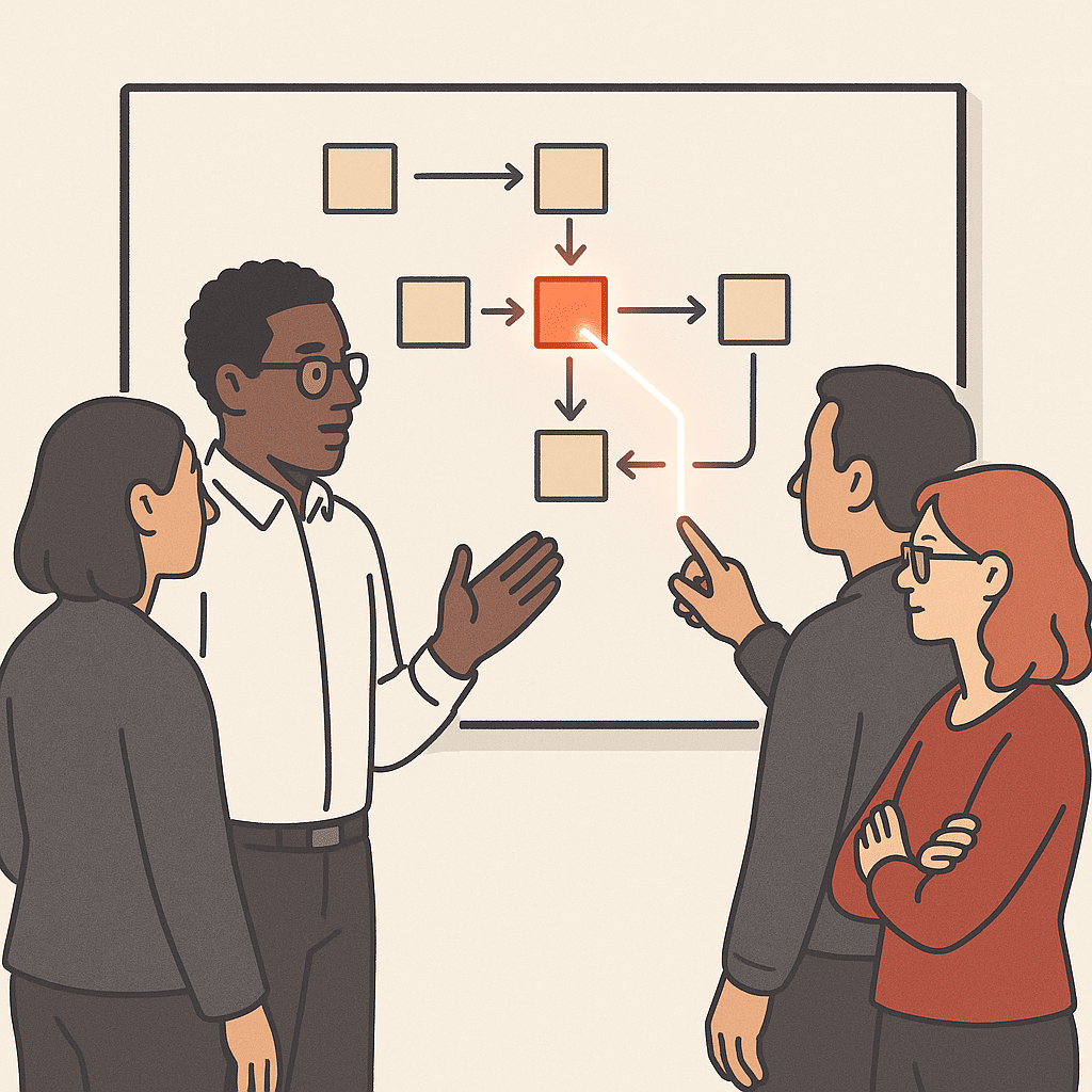 A small leadership team gathered at a whiteboard mapping a single workflow with sticky notes and arrows, one clear autom