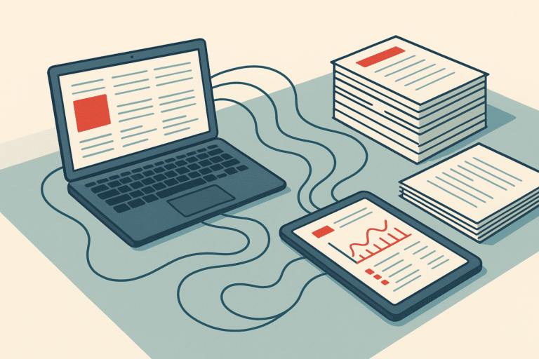 A wide, clean overhead view of a modern operations workspace where interconnected digital workflow lines flow between a