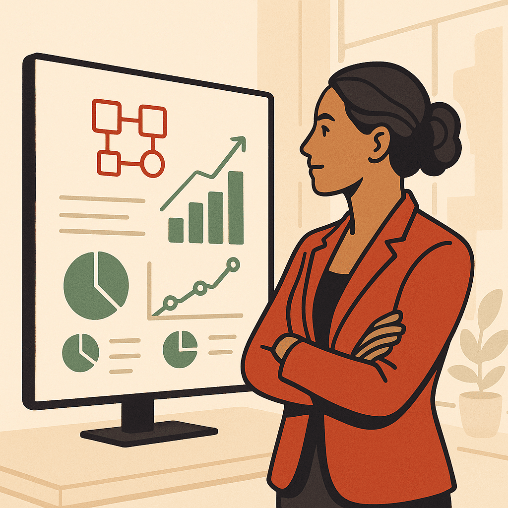 A confident operations manager reviewing a clean analytics dashboard on a large monitor in a bright office, with subtle 