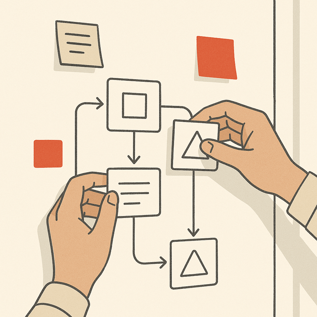 A close-up of hands arranging connected flowchart cards on a whiteboard wall, mapping a business workflow with sticky no