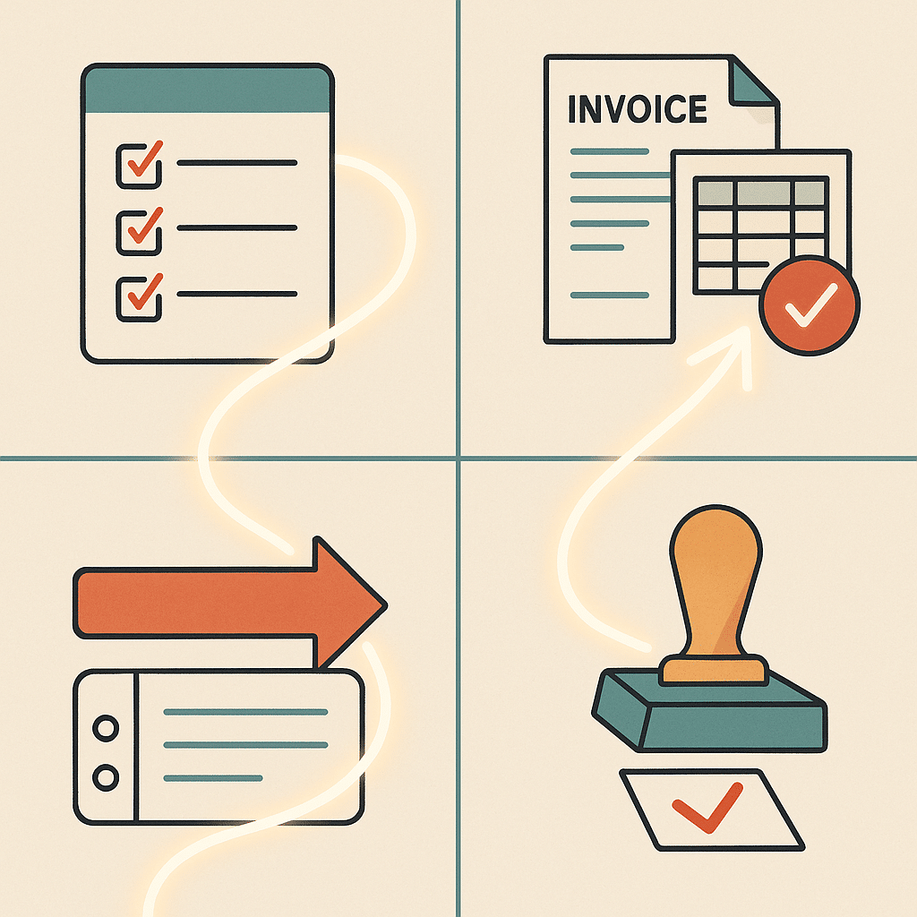 A clean split-panel illustration showing four business processes as connected flow diagrams: an onboarding checklist, an