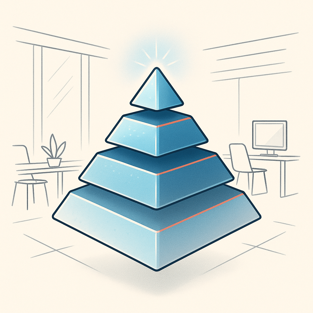 A layered pyramid diagram floating in a bright open workspace, with each ascending level representing a type of automati