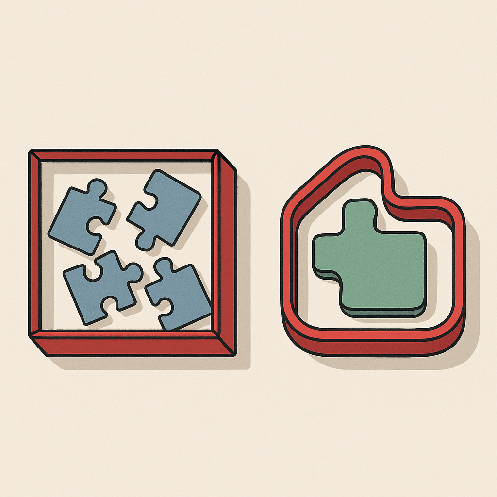 A conceptual side-by-side comparison showing a rigid one-size box on the left with mismatched puzzle pieces, versus a pe