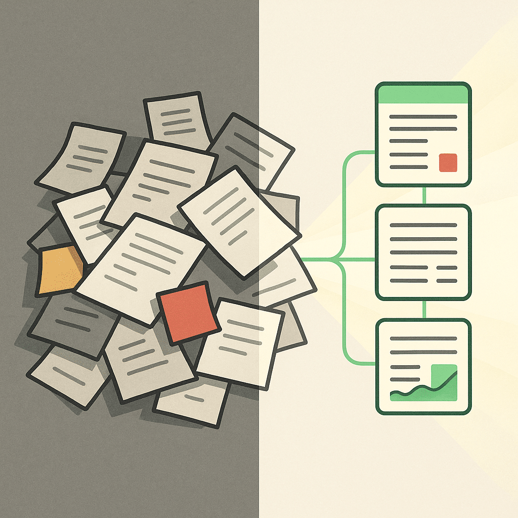 A split-scene illustration showing a tangled pile of paper documents and sticky notes on one side transforming into a cl