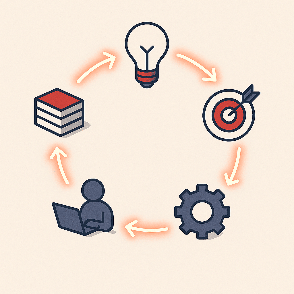 A circular diagram-style illustration of five connected stages arranged in a continuous loop, each stage represented by