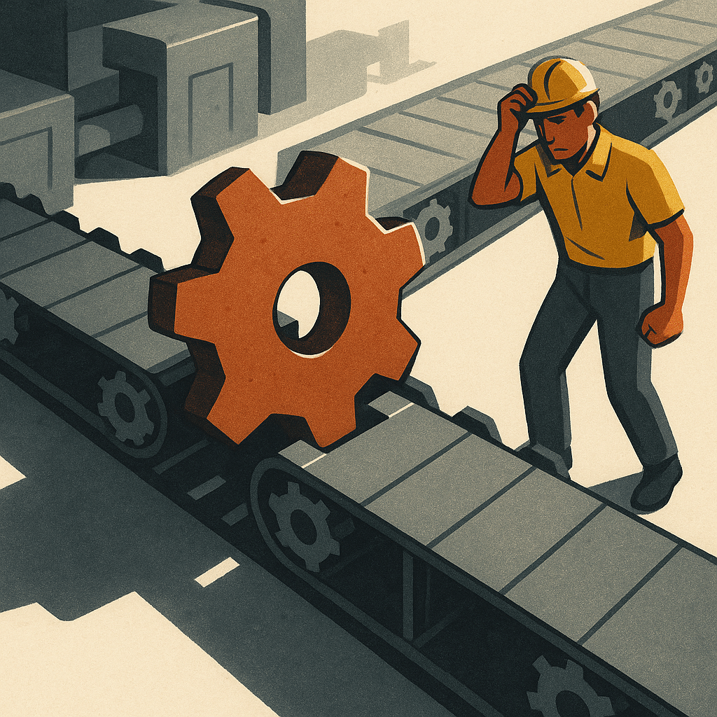 A conceptual scene of a rigid mechanical assembly line jammed by an oversized irregular gear that will not fit the slots