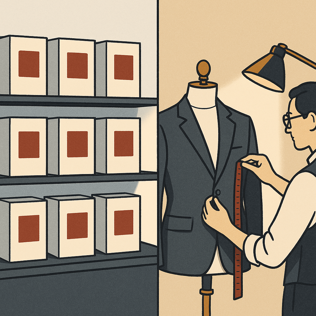 A balanced comparison scene showing a shelf of identical boxed products on the left and a tailor's workshop with a garme