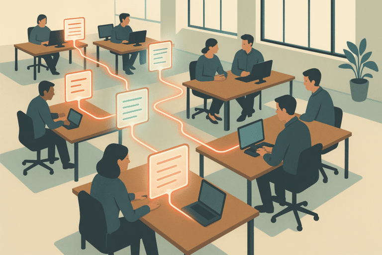 A wide overhead view of a modern open-plan office where translucent glowing task cards flow along connecting lines betwe