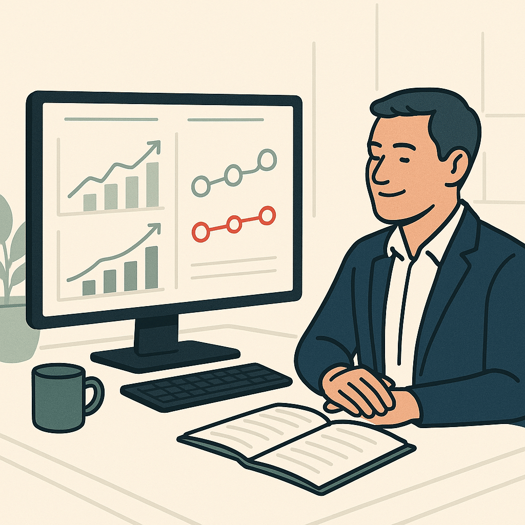 A clean infographic-style desk scene showing a business dashboard on a monitor with rising efficiency charts and clear p