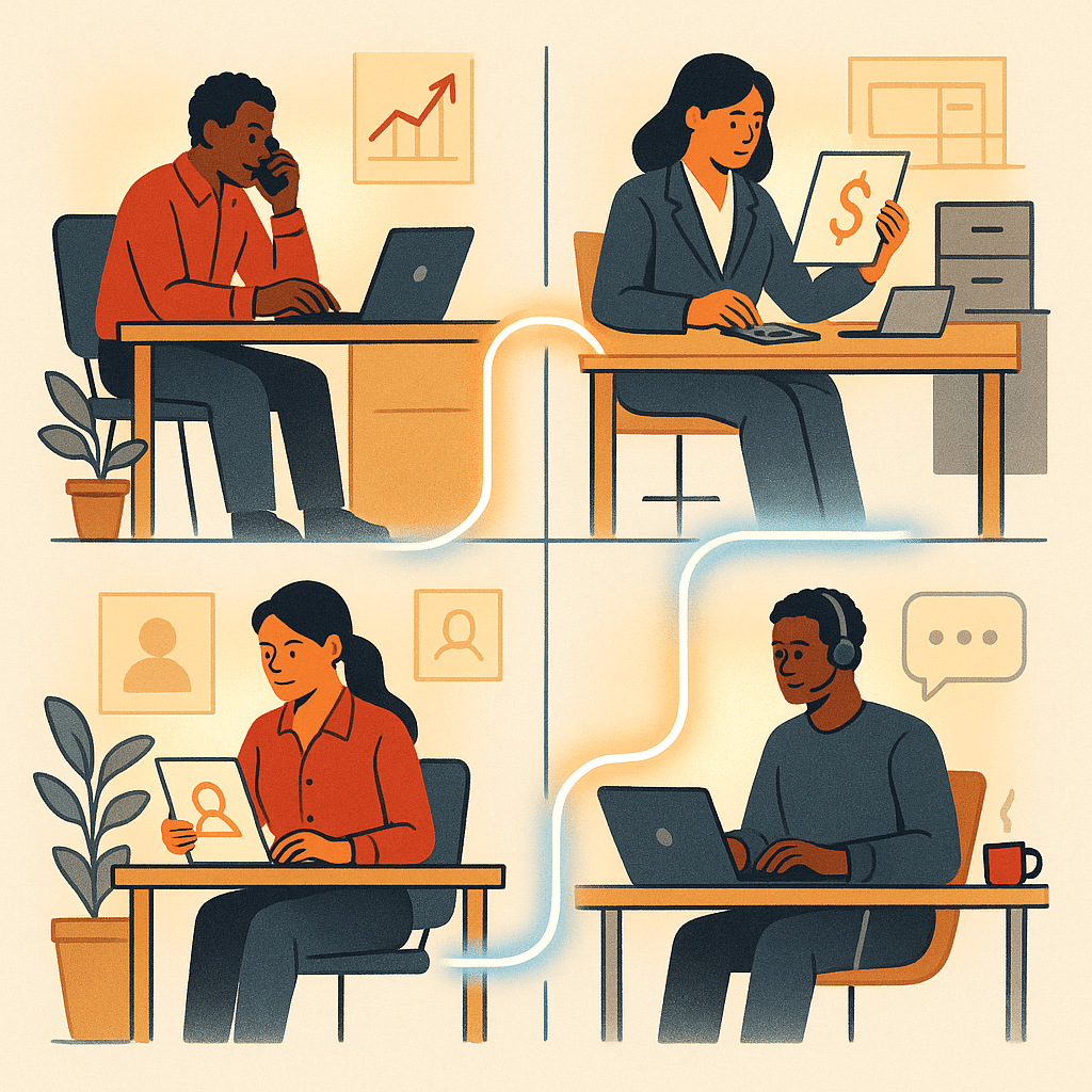 A split-scene illustration showing four business departments (sales, finance, HR, support) as connected workspace vignet