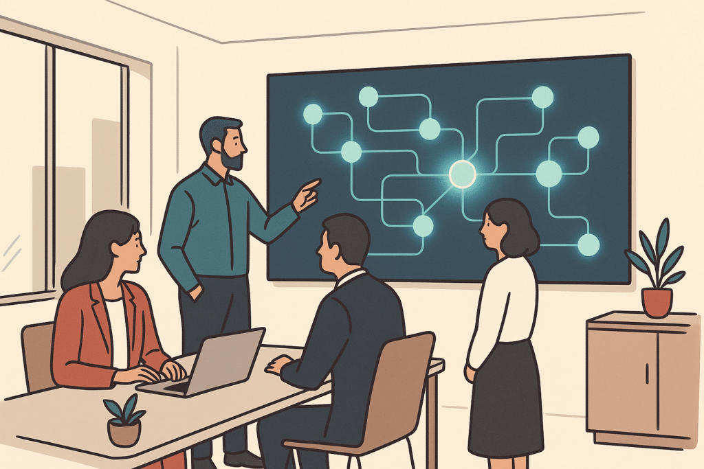 A modern operations office where a business team reviews a connected dashboard on a large wall screen, glowing softly wi
