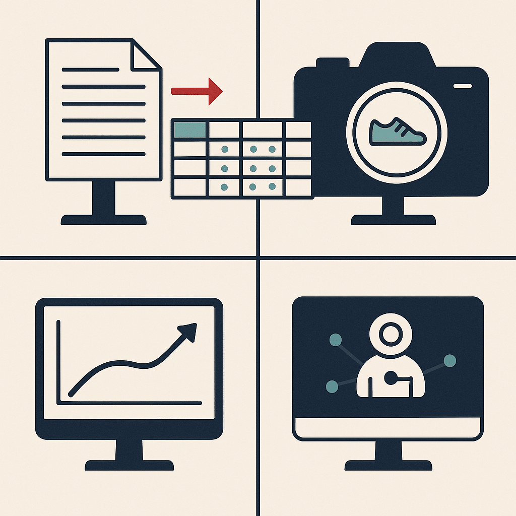 A clean split-panel visualization showing four connected AI capabilities as distinct workstations: text documents flowin