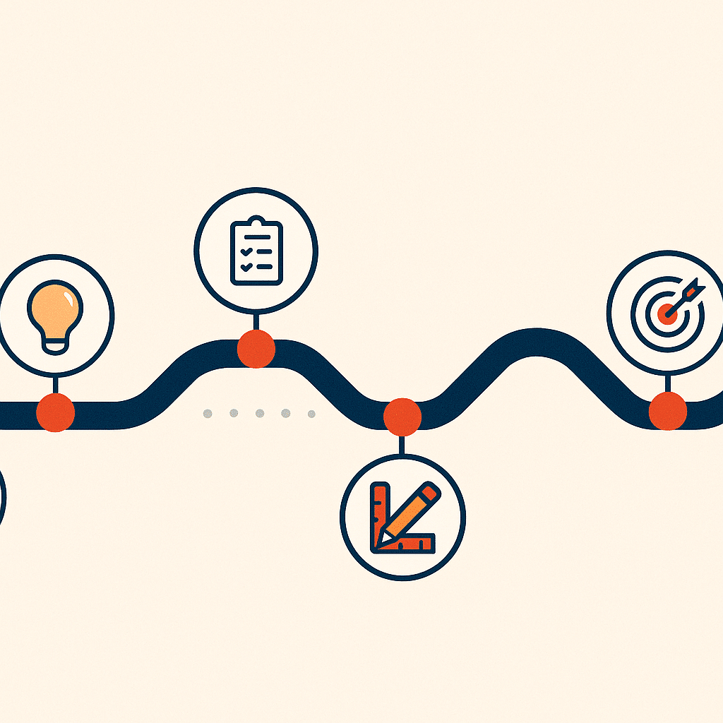 A horizontal roadmap illustration showing six connected stages from discovery to maintenance, each represented by a smal