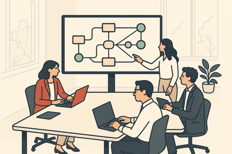 A wide overhead shot of a modern operations workspace where a business team collaborates around a large screen displayin