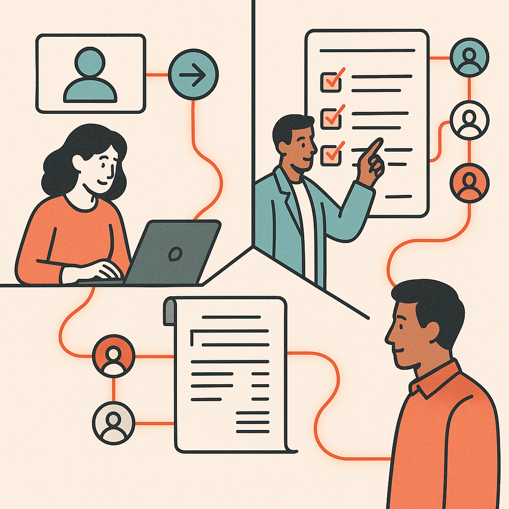 A split-scene illustration showing three business scenarios side by side: a sales lead being routed, a client onboarding