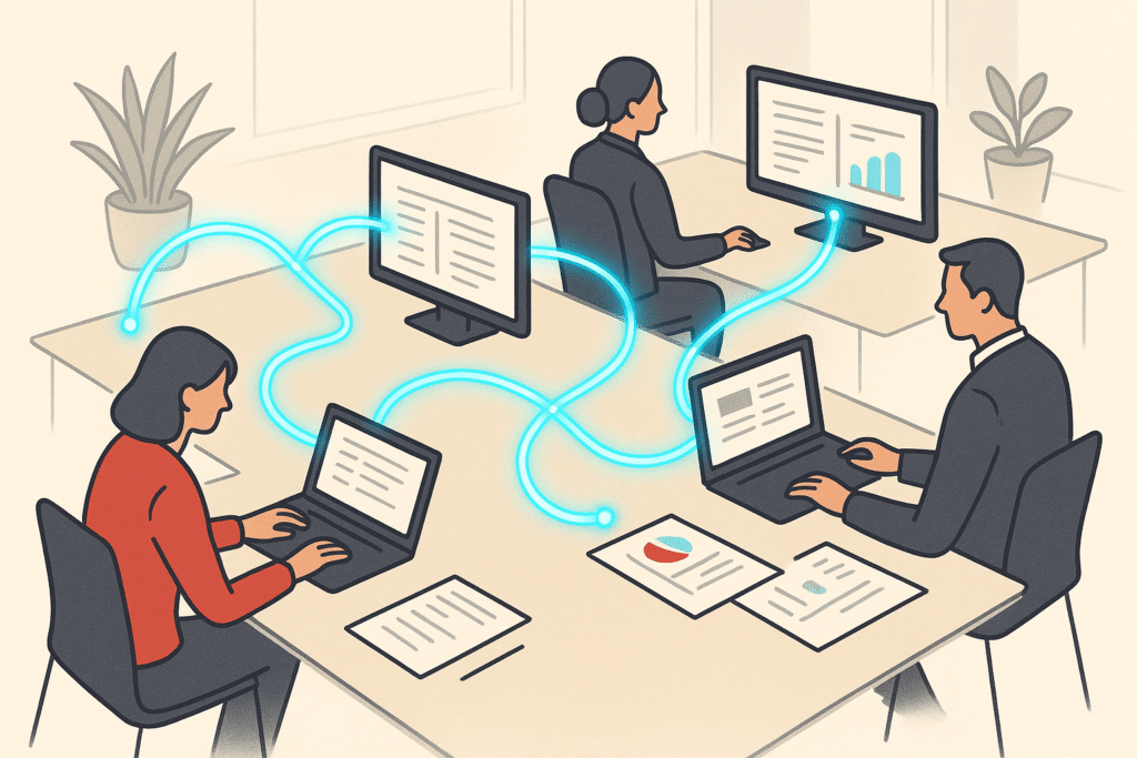 A wide overhead view of a modern operations workspace where glowing connected data streams flow between laptops, documen