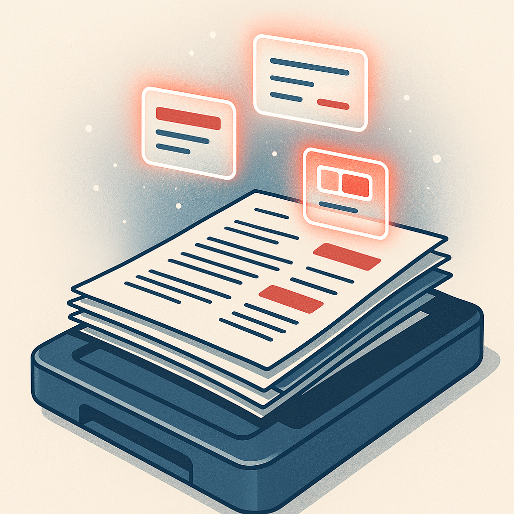 A close-up of a stack of invoices and PDFs being scanned, with glowing highlighted data fields lifting off the paper int