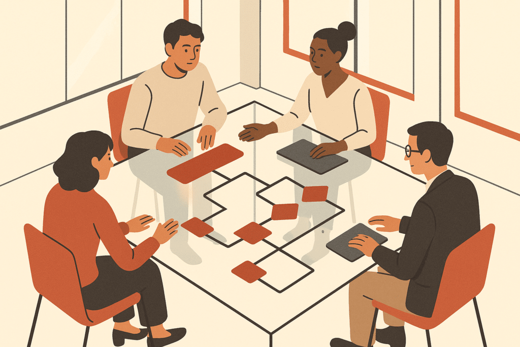 A wide overhead shot of a modern, uncluttered office workspace where a diverse team collaborates around a large glass ta