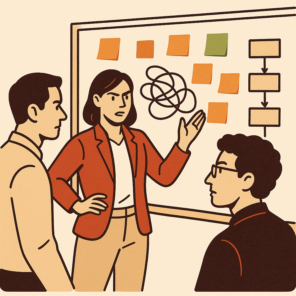 A determined operations manager standing at a whiteboard covered in sticky notes and a partially untangled flowchart, mi